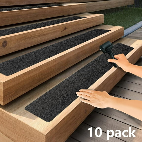 10 Pack Non-Slip Outdoor Stair Treads - 6‘ X 24’ Adhesive Tape - For Steps, Stairs and Heavy Duty Grip Tape - Matching Black Rollers