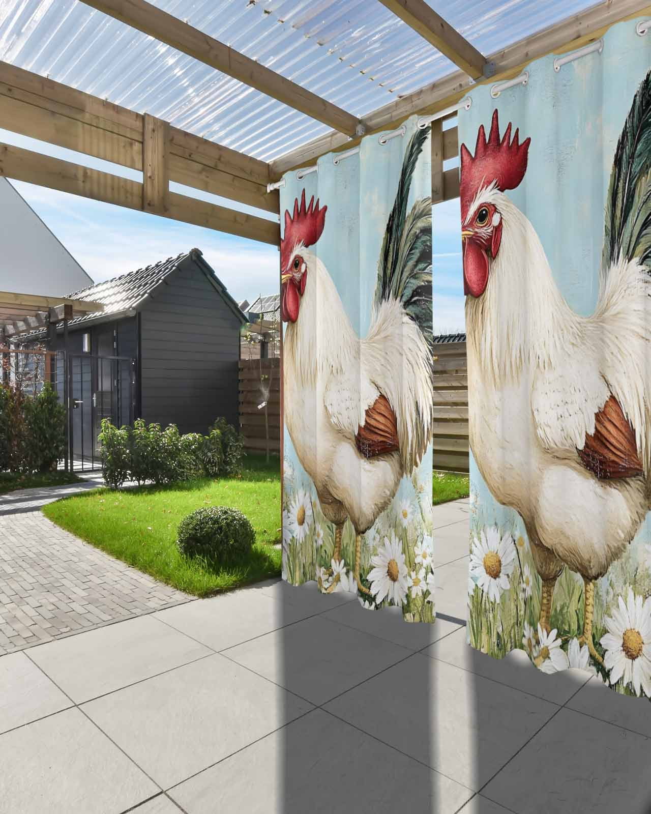 nqOlkjepod Outdoor Curtains for Patio Waterproof, White Spring Floral Rooster Outdoor Privacy Panels Grommet, Vintage Rooster Pastoral Blackout Outside Curtains for Porch/Cabana 54"x84", 1 Panel