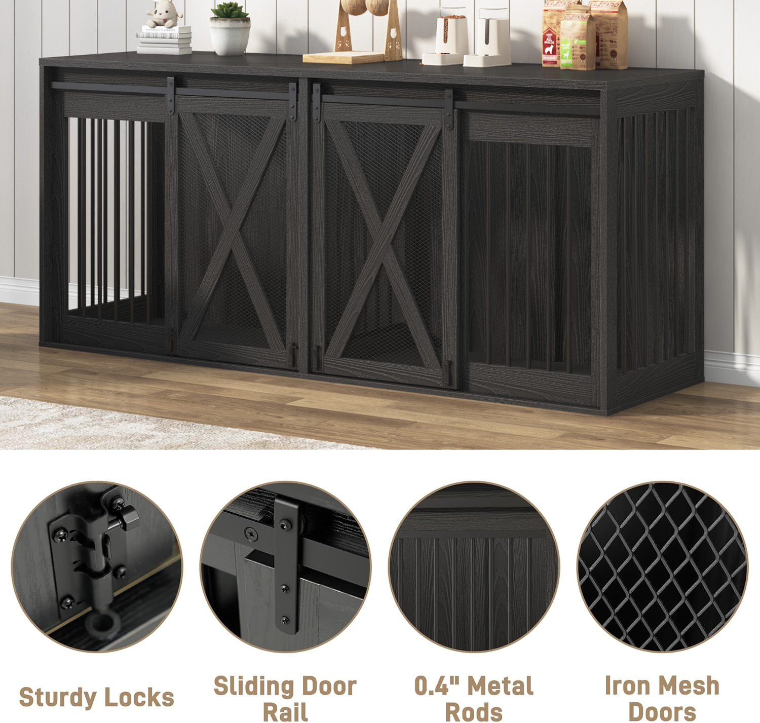 78.7" XXL Dog Crate Furniture for 2 Large Dogs, Farmhouse Dog Kennel TV Stand with Sliding Door and Removable Divider, Black