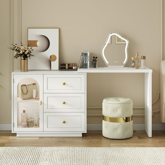 CozyHome 59” Extendable Corner Vanity Desk with Rotatable Tabletop, Large White Makeup Vanity Table for Women Girl, 3 Drawer & 1 Door, Wood Vanity Dresser for Apartment, Dorm, Study Room, Home Office
