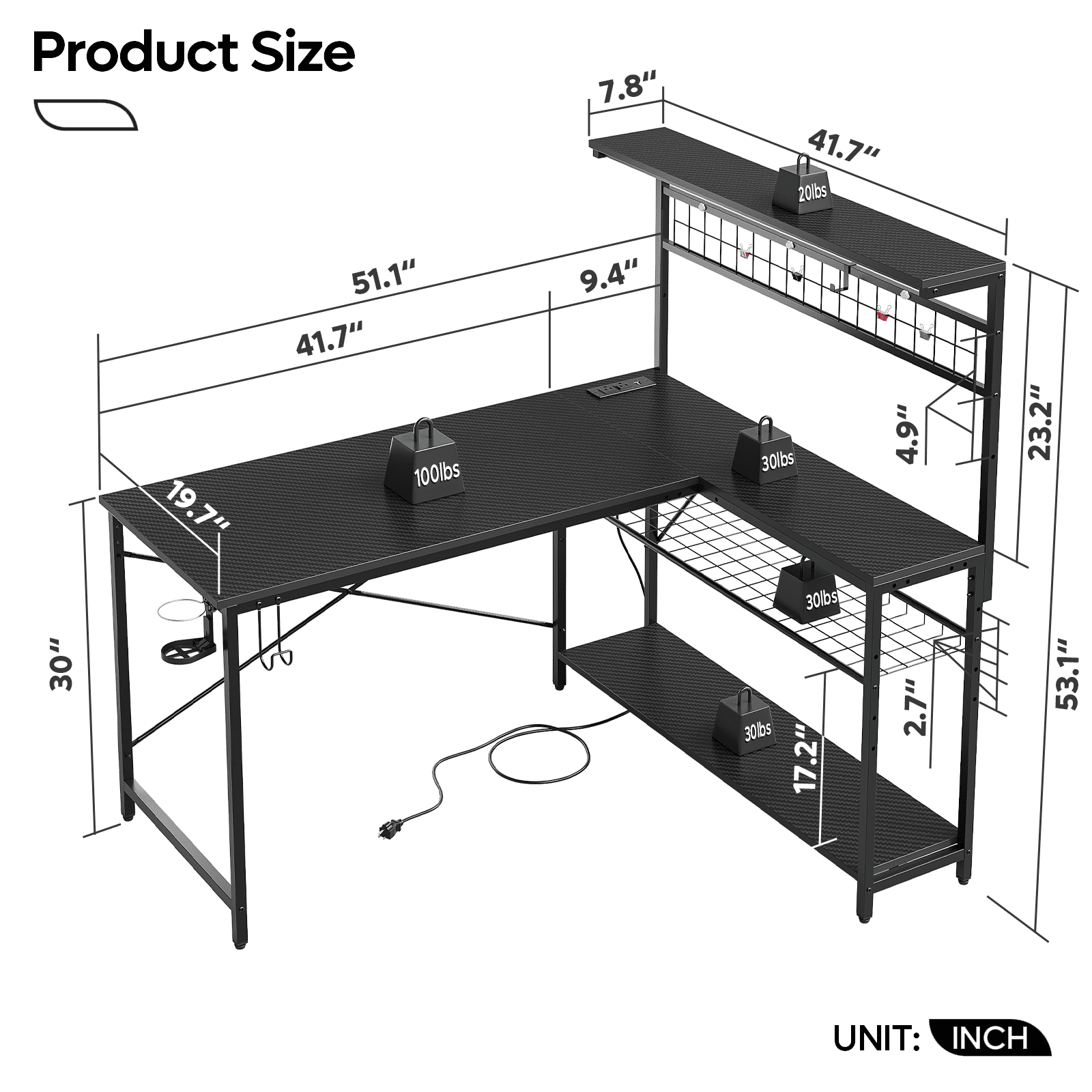 Bestier 51-Inch L-Shaped Gaming Desk with Power Outlets, LED Workstation, 4-Tier Shelves, Carbon Fiber Finish