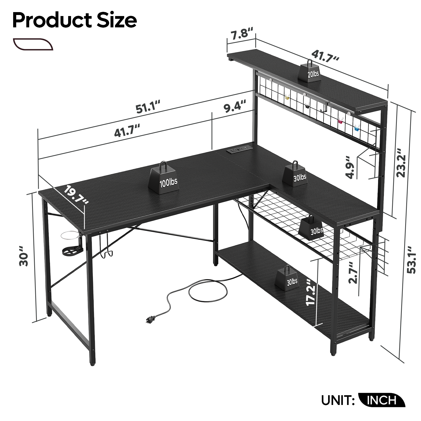 Bestier 51-Inch L-Shaped Gaming Desk with LED & Power Outlets photo 7