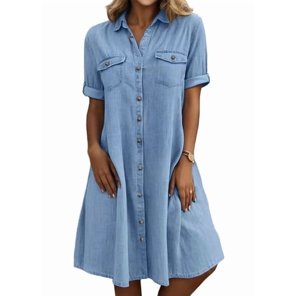 sicmoss Women's Blue Denim Jean Dress Short Sleeve Button Down Shirt Style Midi Summer Casual