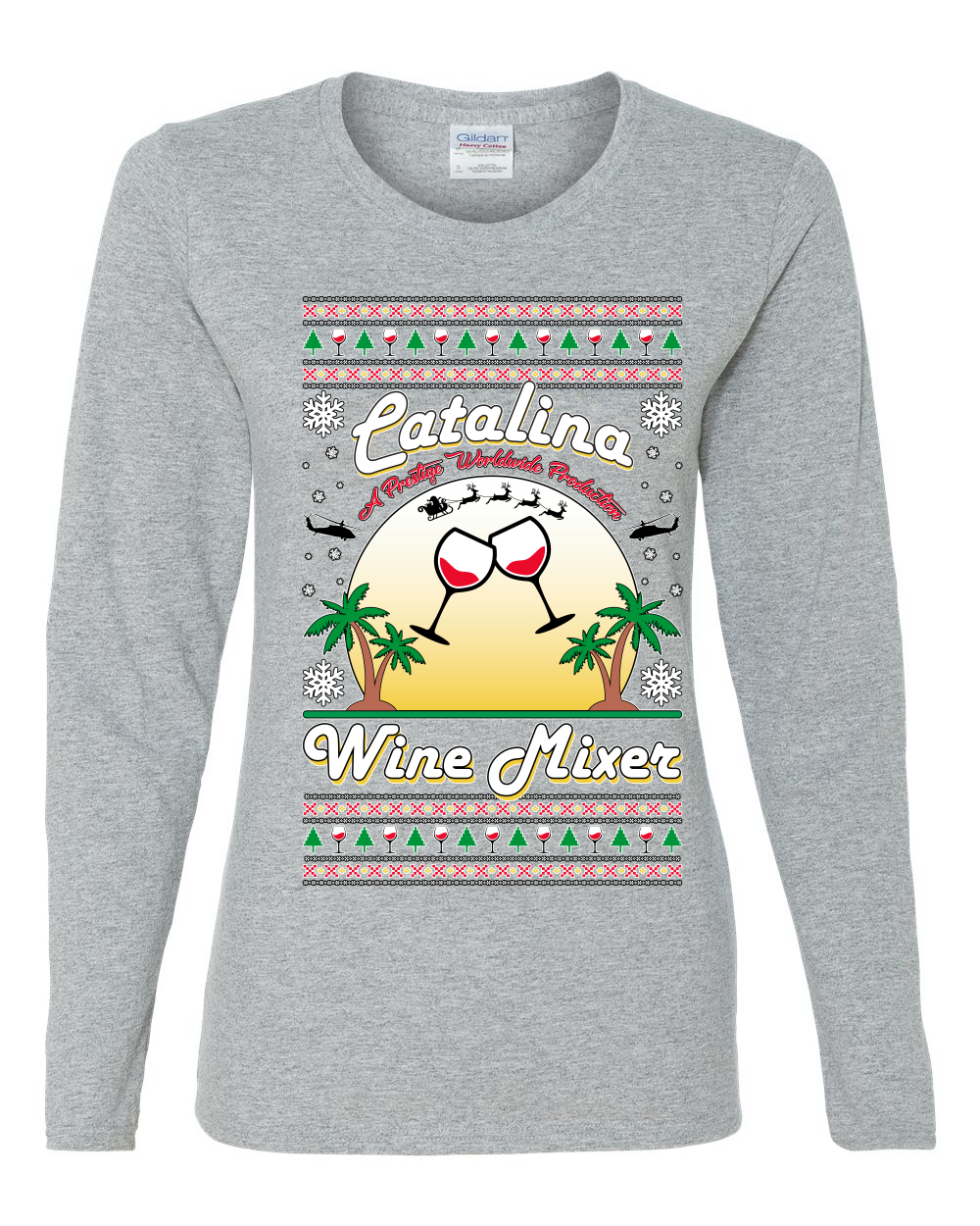Wild Bobby Step Bros Catalina Wine Mixer Xmas Holiday Movie Humor Ugly Christmas Sweater Women Graphic Long Sleeve Tee, Heather Grey, Small - image 2 of 5