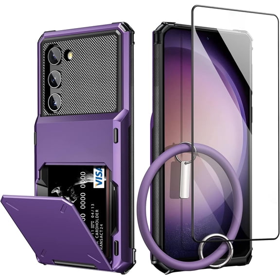 Galaxy S23 Case Wallet Cover with Screen Protector, Silicone Bracelet for 4-Card Credit Holder ID Slot Scratch Resistant Protective Hard Shell Rugged TPU Bumper Armor Case 6.1" GreyPurple