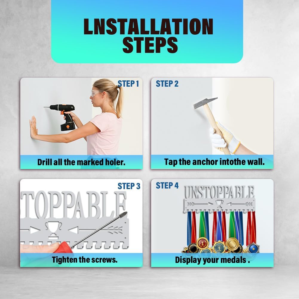 Unstoppable Medal Holder Silver Medals Display Frame 17 Hooks Medals Display Metal Medal Rack Holder Sport Awards Ribbon Holder Wall Mount Award Rack DIY