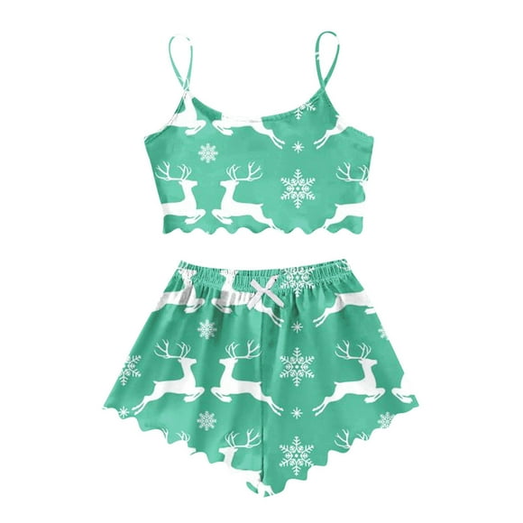 GPOECD Ladies' Festive Snowman Print Short Sleeve Pajama Set Cozy Sleepwear for Christmas Holiday Season Mint Green,XL
