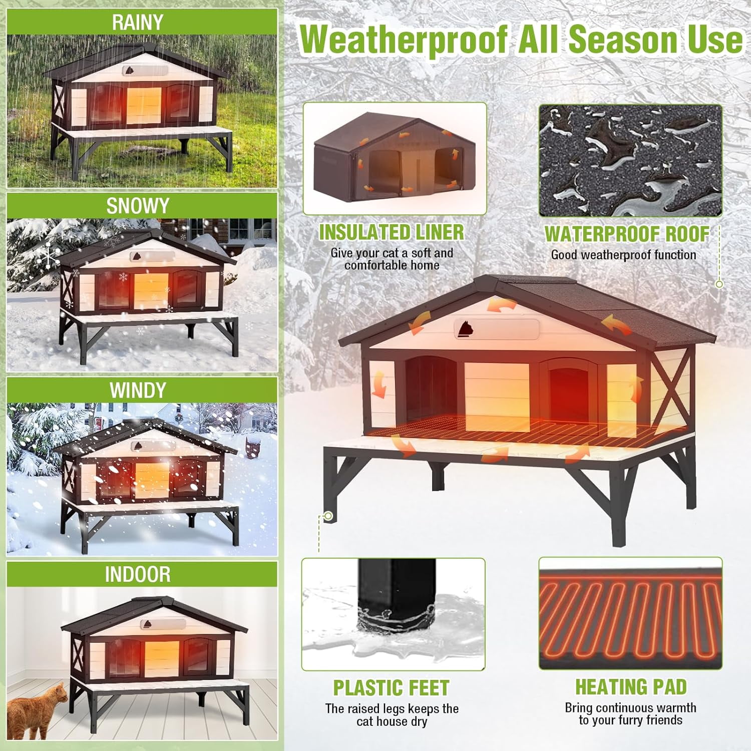 Aivituvin Heated Cat House for Outside Weatherproof Kitty Shelter with Heating Pad Insulated Liner Large Feral Cat Shelter with Escape Door Black