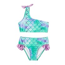GYRATEDREAM Kid Girls Bikini Swimsuit Two Piece Outfit Teen Mermaid One Shoulder Ruffle Swimwear Cut out Bathing Suits Set for 7-14 Years