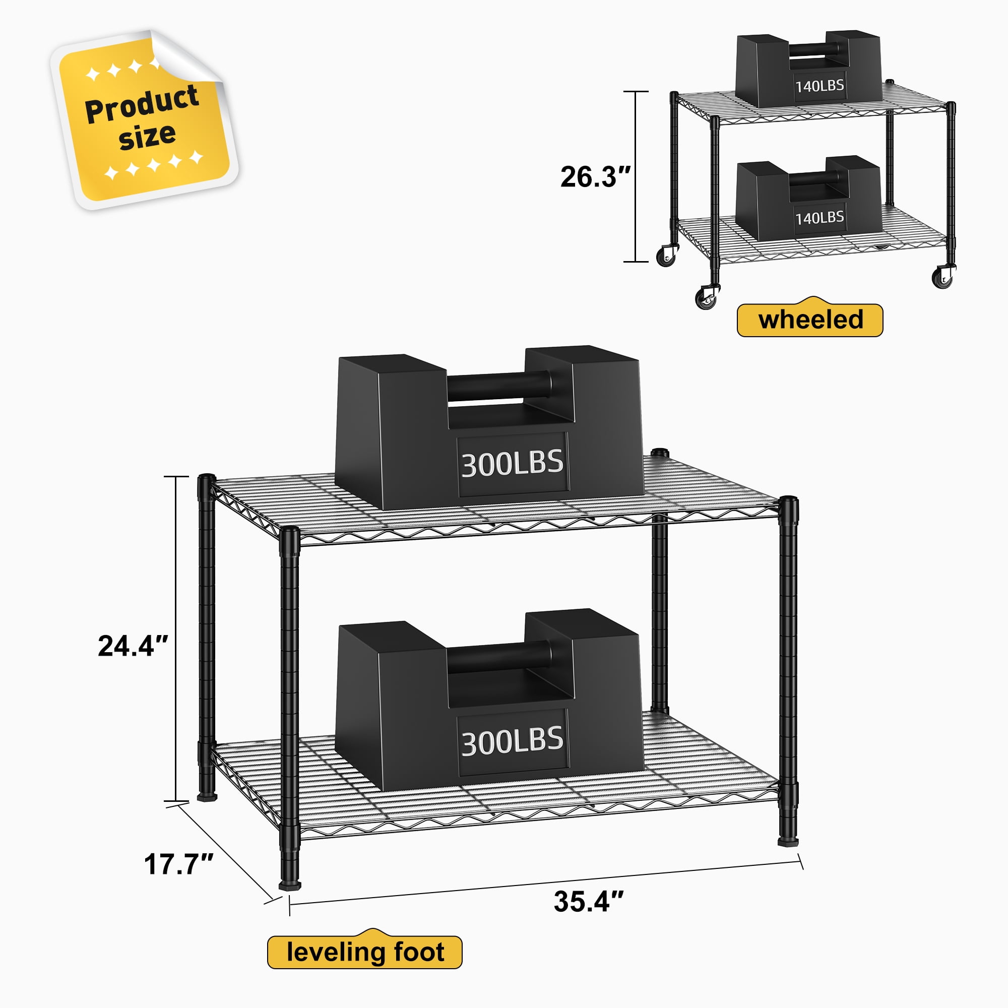 REIBII 2 Tier Wire Shelving Unit with Wheels,Heavy Duty Kitchen Appliance Shelf,36"W x 18"D Metal Storage Shelves for Pantry Garage Laundry,300 lbs Per Shelf,Black