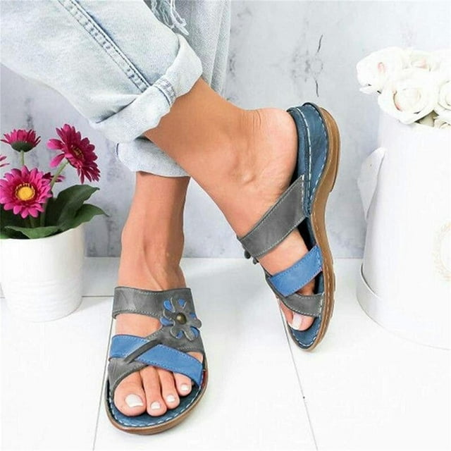 DPTALR Casual Slippers Women's Flower Wedge Heel Flat Color Matching Stitched Slippers