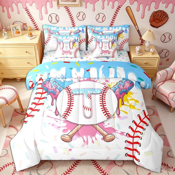 Castle Fairy Sport Baseball Initial T Twin Bedding 7-Piece, Blue Ice Cream Drip Bedding Comforter Set, Pink Blue White
