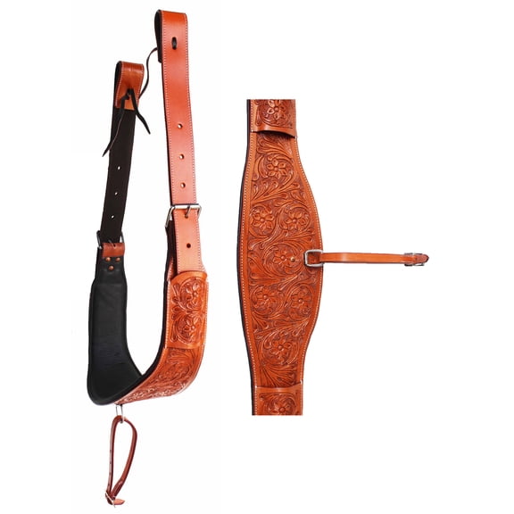 Horse Handcrafted 6" Wide Floral Tooled Oiled Tan Padded Leather Rear Flank Saddle Cinch Girth with Billets 97104TN