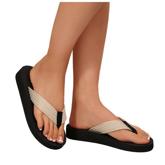 Rokment Woven Platform Flip Flops for Women 2026 Beach Summer Boho Casual Memory Foam Cushioned Slip on Thong Lightweight Dress Slippers Pool Water Sandals Beige Size 6