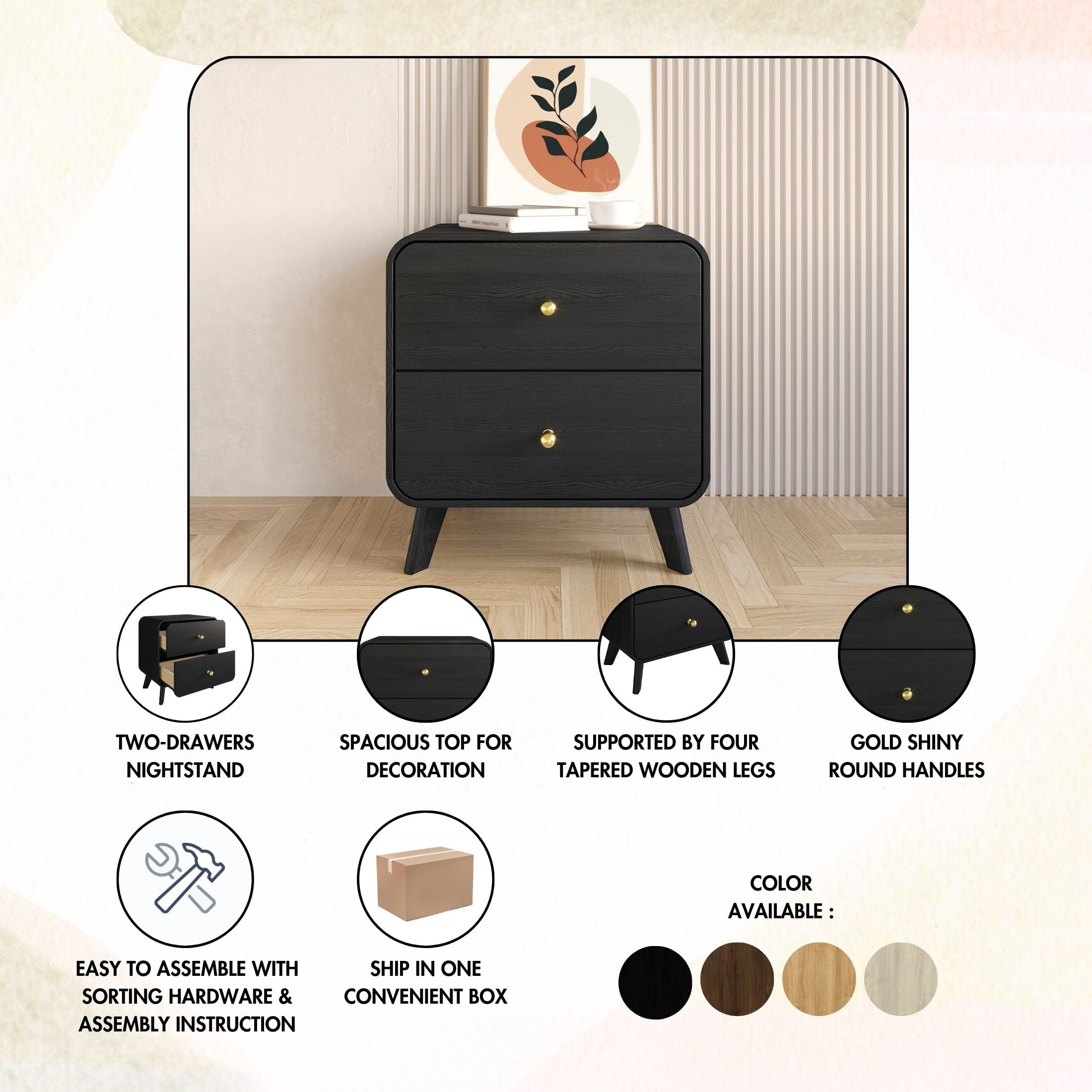 Castle Place Mid-Century 2 Drawer Wooden Nightstand, Natural