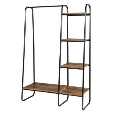 Clothes Rack with 5 Wood Shelf, Freestanding Clothing Rack，Garment Rack, Standing Metal Sturdy Clothing Rack, 39.37Lx 15.74Wx 59H in,Black