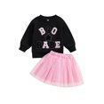 thumbnail image 2 of Aojekbee Girls Autumn 2 Piece Outfits Long Sleeve Letter Embroidery Pullover Solid Color Tulle Skirt Set, 2 of 10