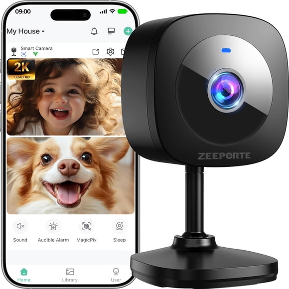 Cámara de seguridad interior ZEEPORTE 2K con detección de movimiento y audio