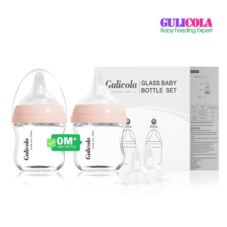 Gulicola Natural Glass Bottles for Newborn Babies Breast Like Extra Slow Flow 0 Months+ 3 oz 2 Pack