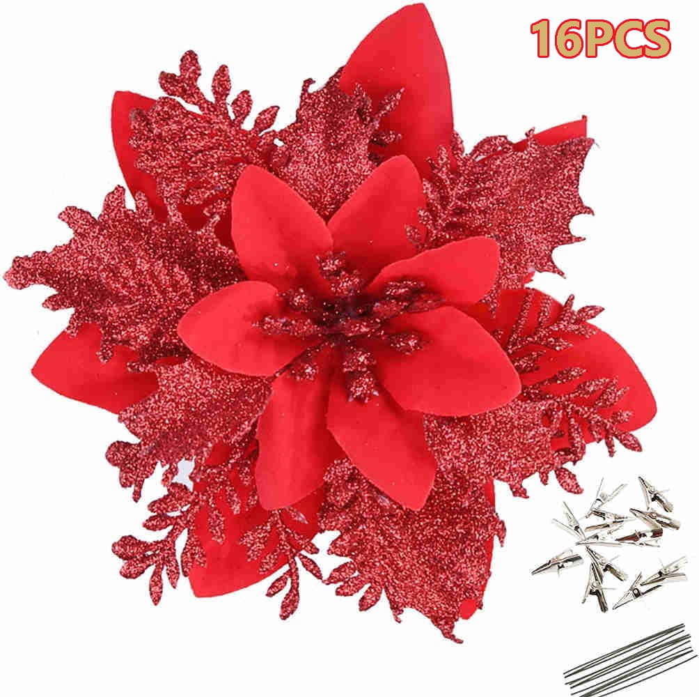 Oumilen 5.5 in. Artificial Poinsettia Christmas Tree Centerpiece Ornaments Decorations, Gold (12-Pack)
