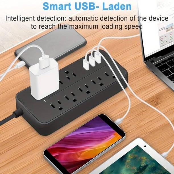 2 piezas/lote Tira de alimentación negra+blanca de 2M con enchufe estadounidense, protector contra sobretensiones con 12 tomas de corriente y 5 puertos USB
