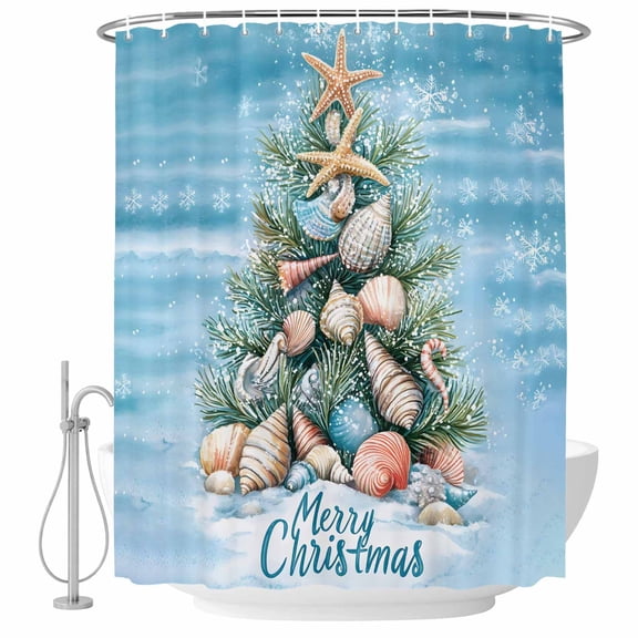 Blue Coastal Christmas Shower Curtain - Water Repellent Fabric Shower Curtains Washable, Nautical Summer Beach Shell Conch Decorative Polyester Cloth Bathroom Curtains Modern Bath Decor 36"x72"
