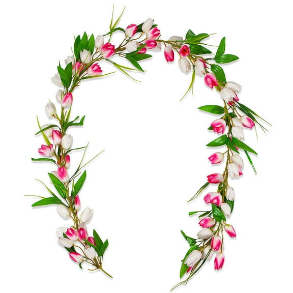 Ycandiee Artificial Tulip Garland, Flowers Garland with Green Leaves, Wreath Flower Hanging Vines for Wall Home Wedding Indoor Outdoor Decor