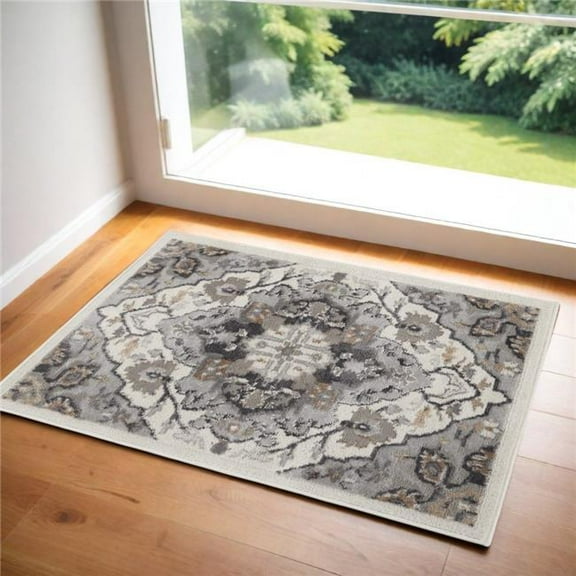 HomeRoots 556220 2 x 3 ft. Floral Non Skid Rectangle Area Rug, Ivory, Black & Gray
