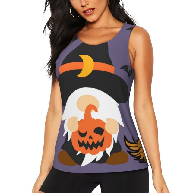 Balery Halloween Gnomes Camiseta sin mangas estampada ligera para mujer, tops de entrenamiento sin mangas, camisetas de yoga transpirables de secado rápido.-Small