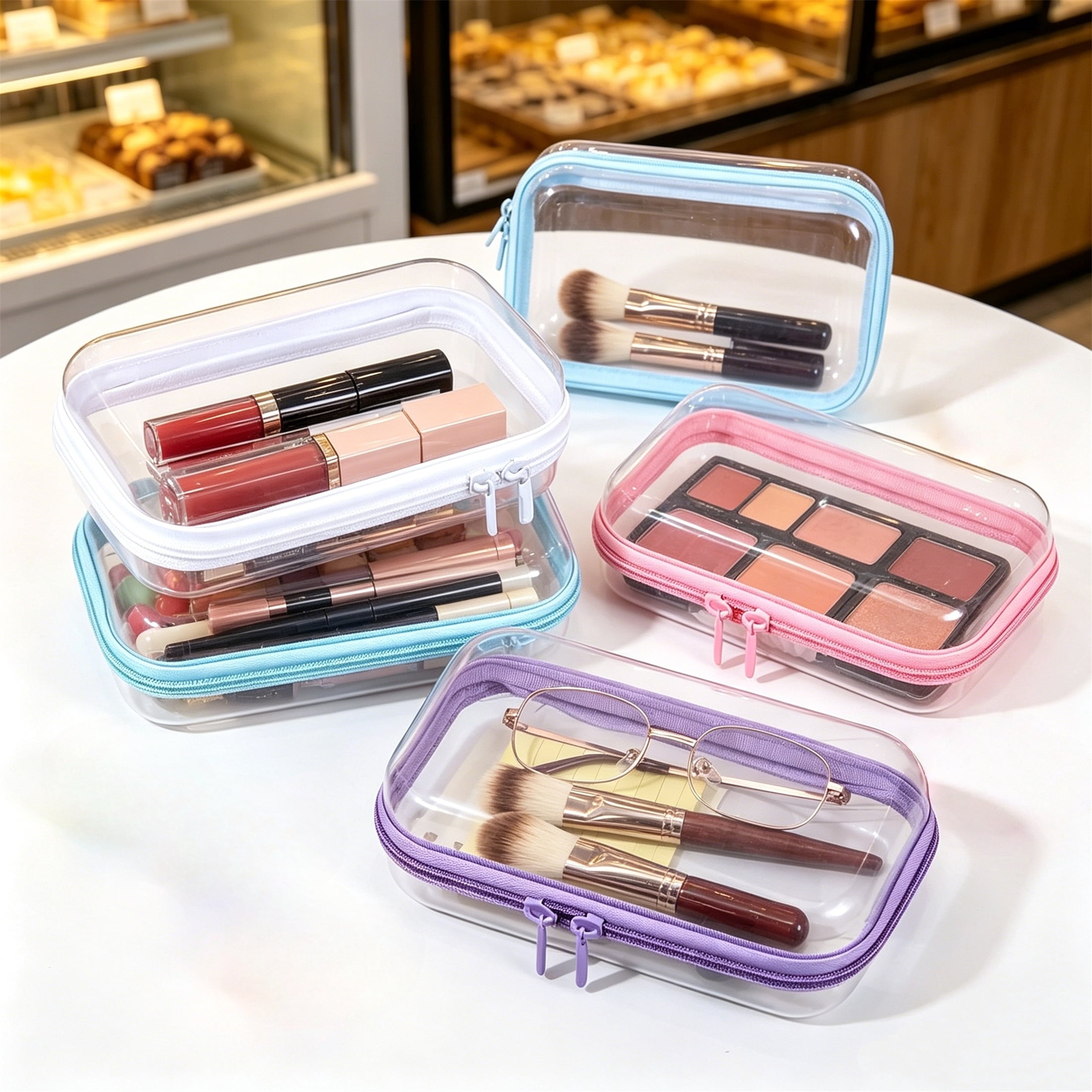Topboutique 4 Pcs Hard Clear Zipper Case,Hard Shell Zipper Case, Hard Sided Pencil Case,Travel Makeup Bag,Toys Puzzles Organizer,Plastic Storage Box for Makeup Building Blocks,Multicolor,Small