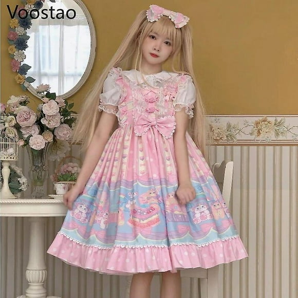 Robe Lolita Japonaise Douce pour Femmes Vintage Victorien Dessert Maison de Poupée Imprimé Filles Sans Manches Dentelle Nœud Princesse Robe de Fête Geschenke Fourrure