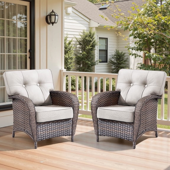 Lumiinofami Outdoor Rattan Single Armchairs Set of 2, Patio Wicker Furniture Sectional Conversation Sofa Chairs with 5" Thick Cushions, Beige