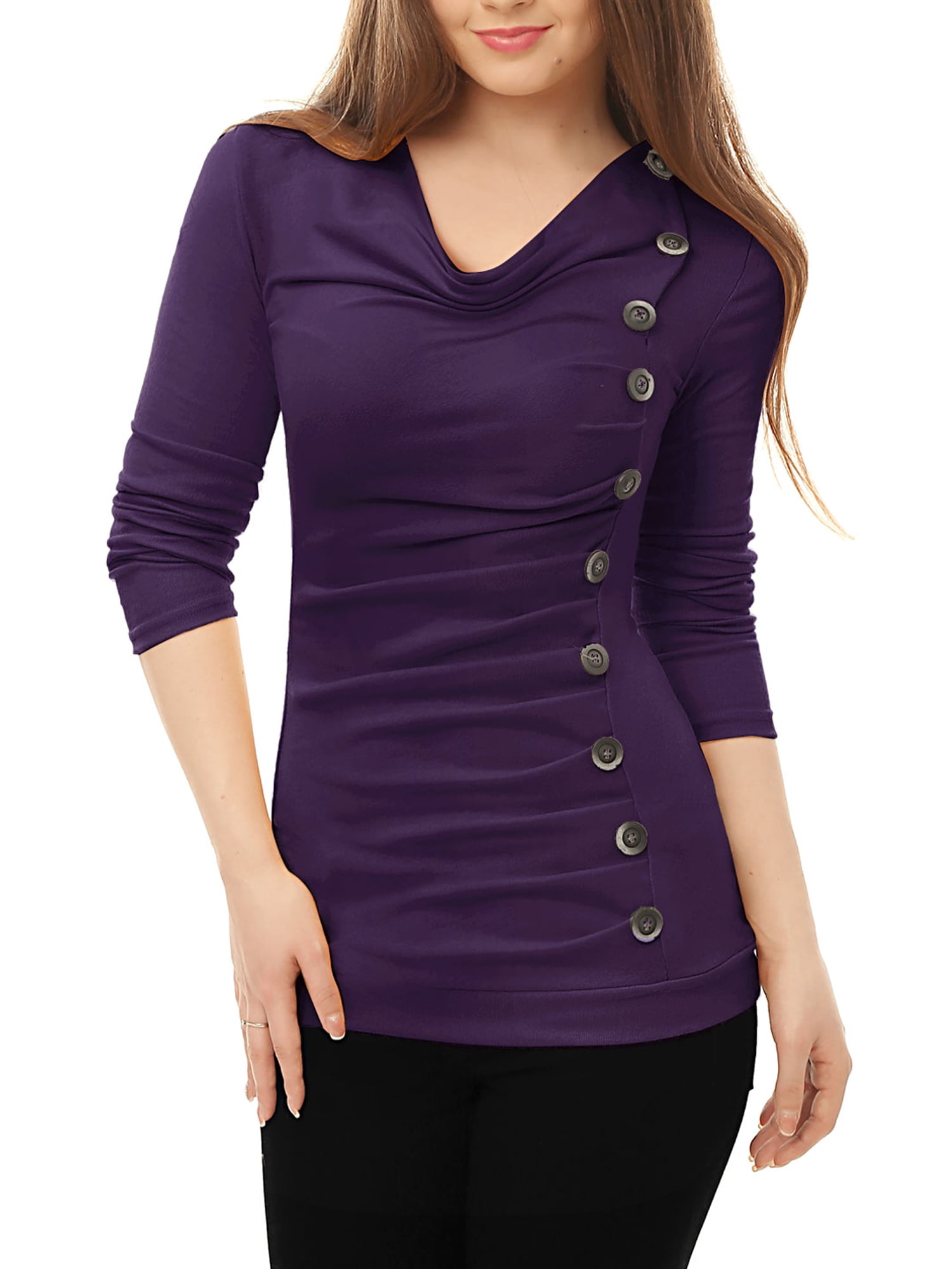 DARING DIVA Women's Cowl Neck Side Ruched Tunic Top S Purple