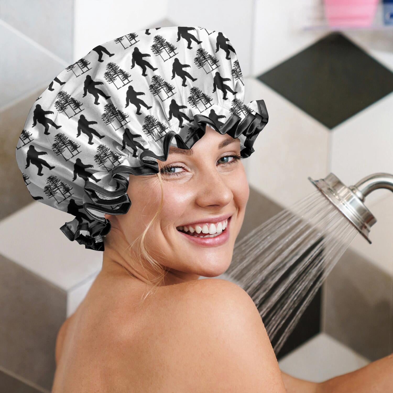 Shower Caps,White Bigfoot and Tree Pattern Waterproof Shower Cap for Women 4 Pieces,Double Reusable Hair Cover for Shower PEVA Elastic Stretch Hem