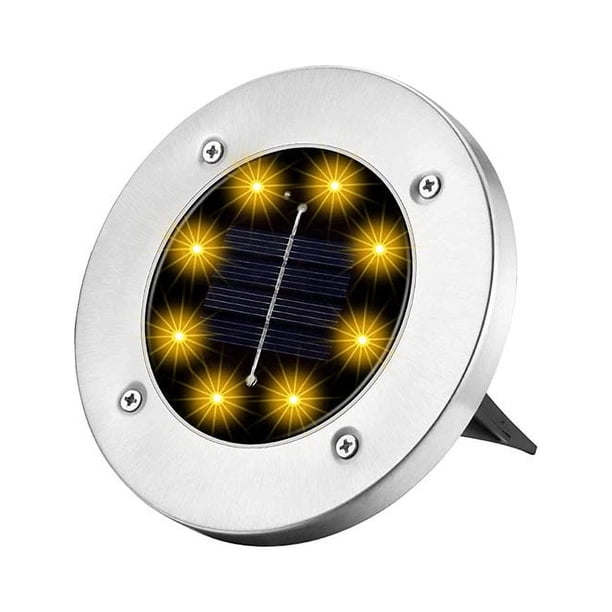 Juego de 4 luces solares para suelo: 8 luces LED solares para jardín, impermeables, para uso en exteriores, luces solares de disco para césped, entrada, patio y pasarela (blanco cálido).