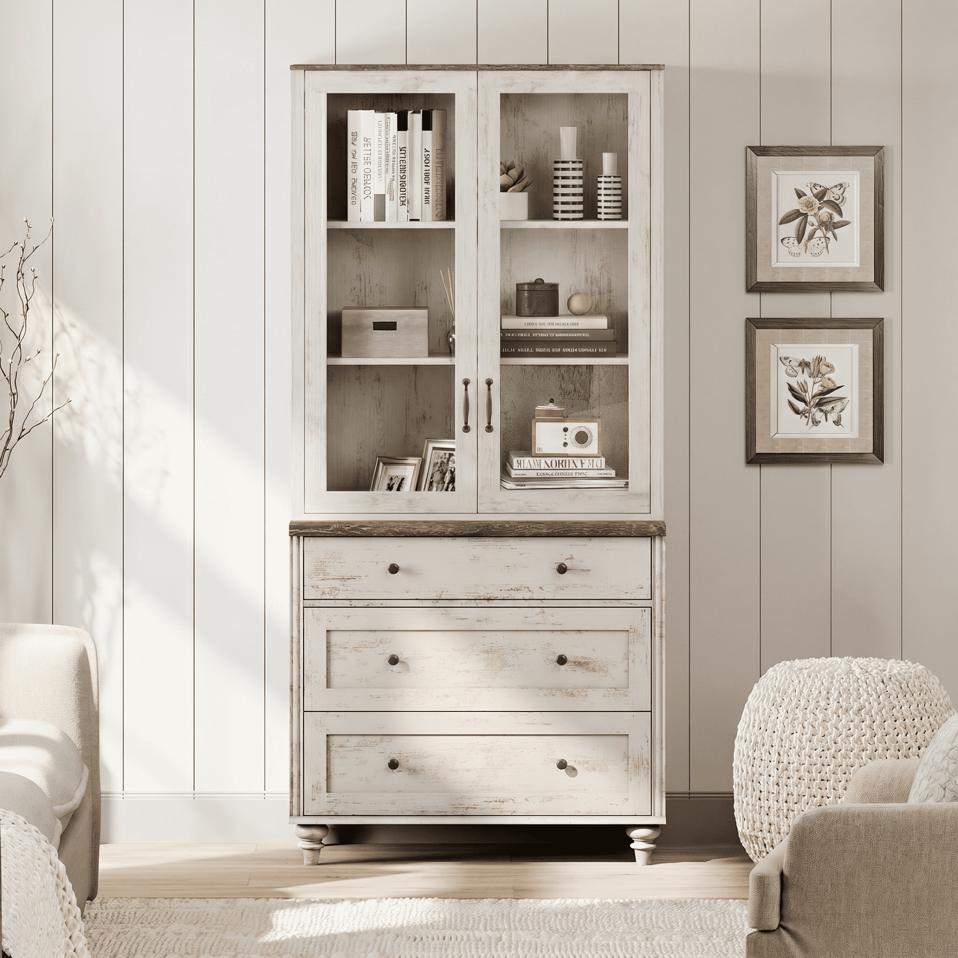 72"H × 34"W 5-Tier Farmhouse Wooden Library Bookcase with Glass Doors & 3 Drawers, Freestanding Storage Bookshelf for Living Room, Office & Kitchen, Rustic white