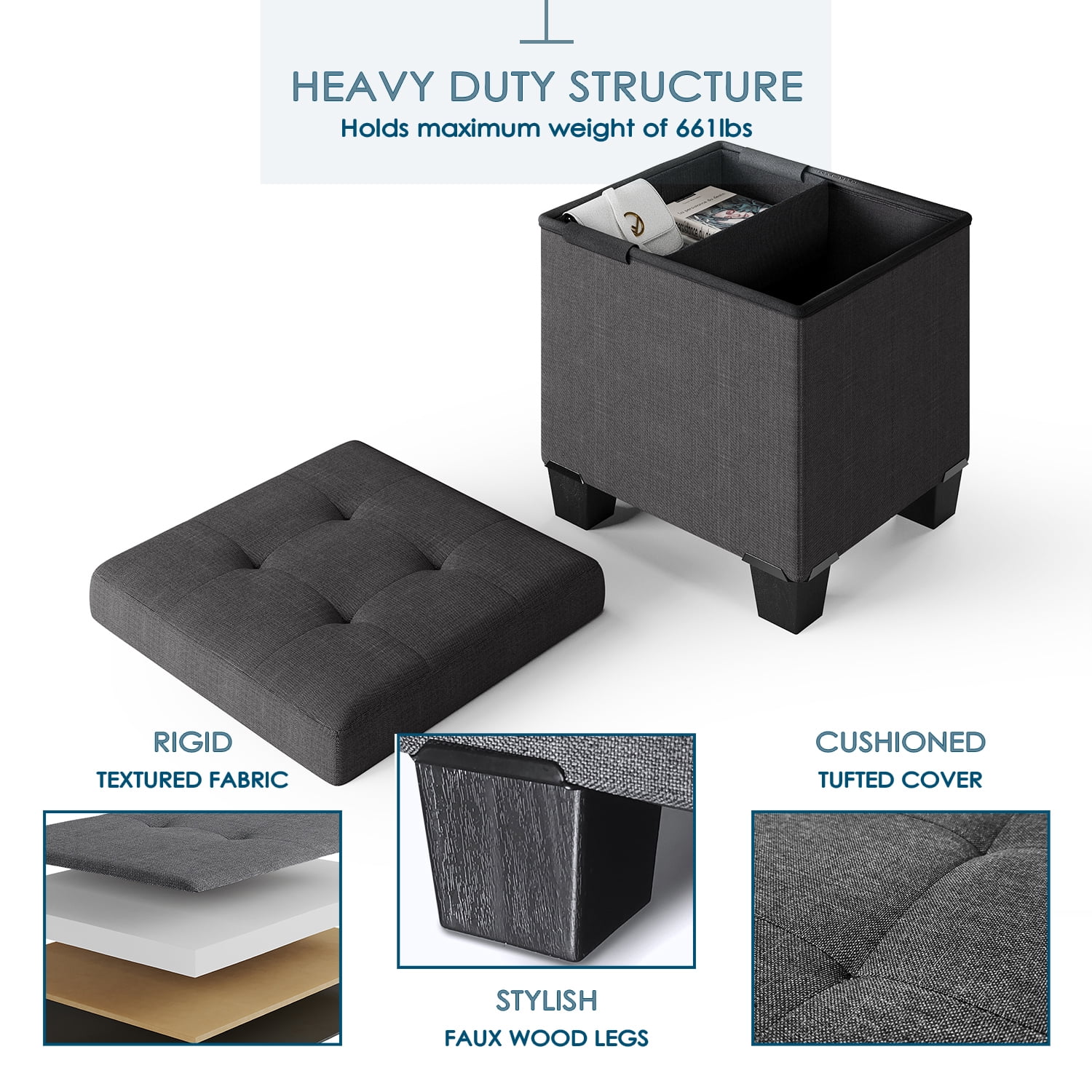 StorageBud Ottoman with Storage Bench, 15-inch Foot Stool Storage Ottoman, Linen, Gray