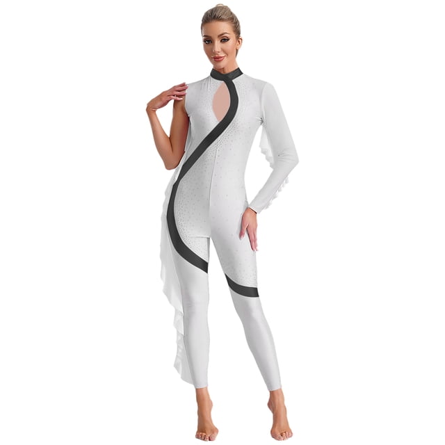 Kaerm Women Acrobatic Gymnastics Performance Jumpsuit Metallic Shiny Rhinestones Full Body Leotard Ivory M