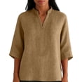 thumbnail image 3 of Favoffer Women Linen Blouses 3/4 Sleeve V Neck Pullover Solid Color Loose Fit Casual Spring Summer Tops for Outdoor Street Vacation Dating, 3 of 8