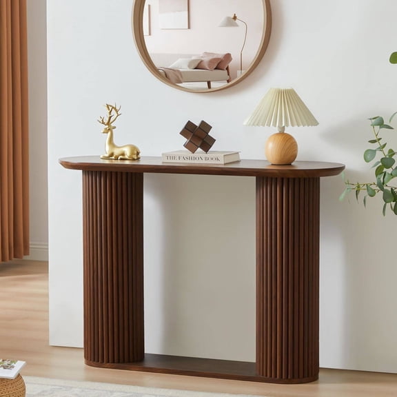 Fluted Console Table, Oval Curved Entryway Table with Storage and Fluted Wood Legs, Narrow Small Long Entry Sofa Table for Entrance, Hallway, Living Room (Walnut)