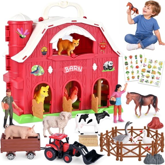 QIAHO Farm Animal Toys Take Along Barn Playset for Toddlers with 10 Realistic Animal Figurines, Pretend Play Educational Gift