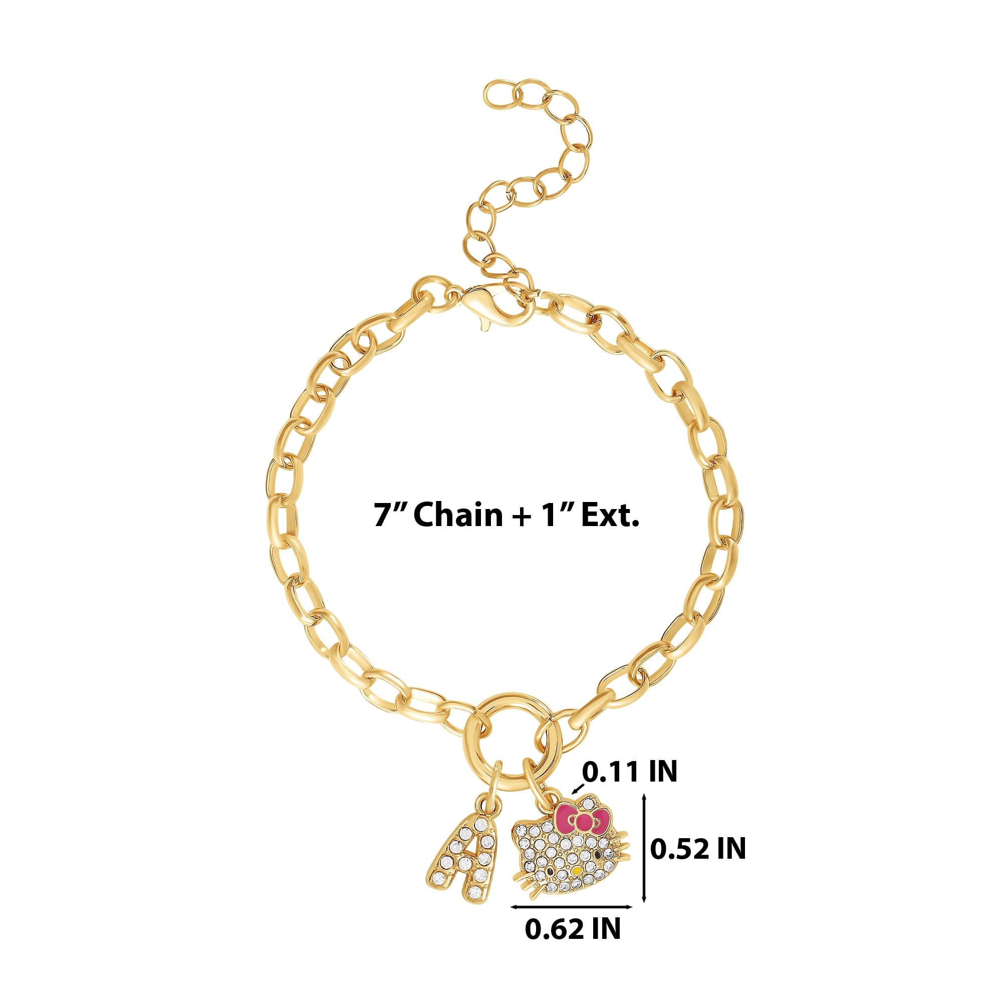 Hello Kitty Initial Crystal Charm Bracelet, Gold‑Tone, Adjustable