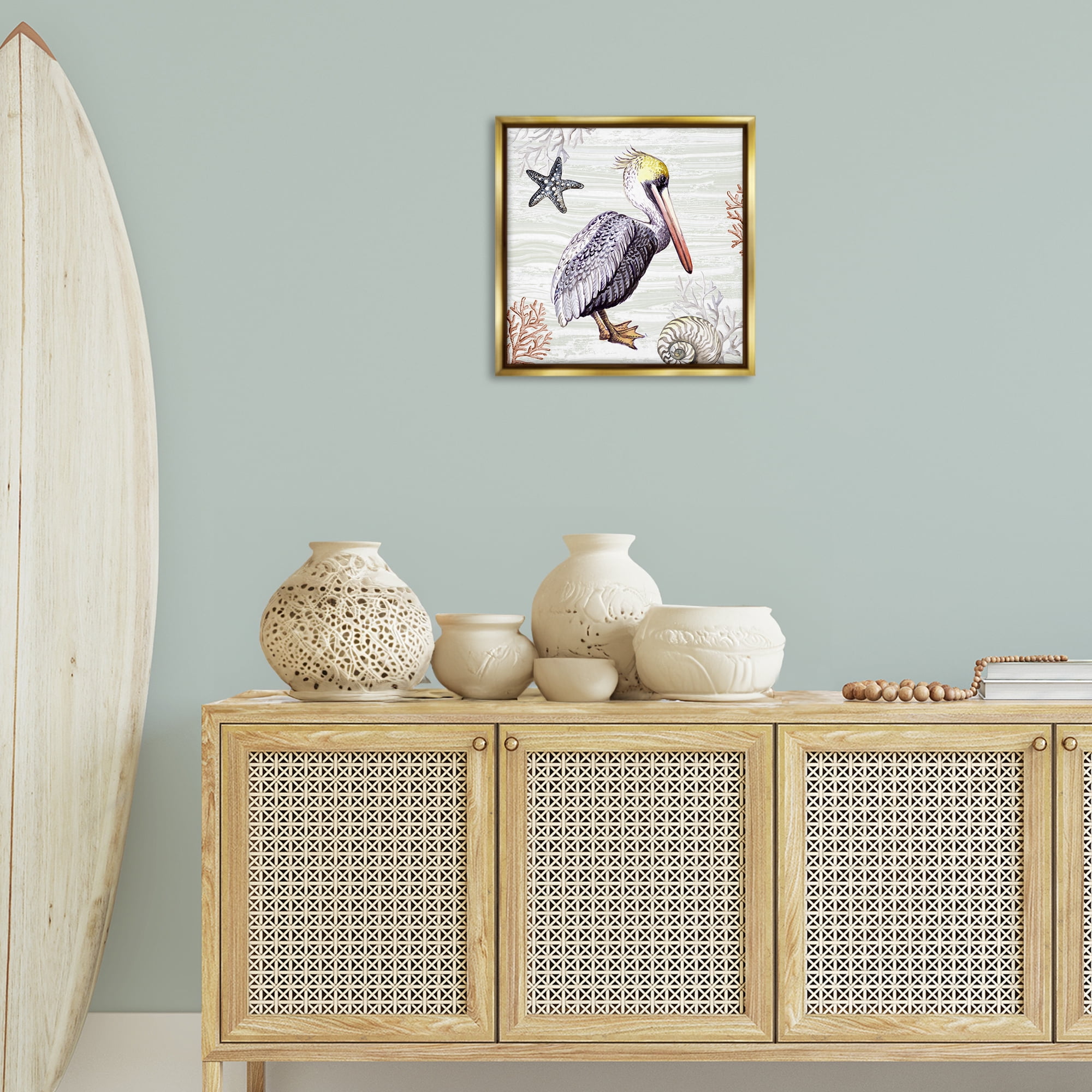 Stupell Industries Beach Bird Pelican Animals Painting Gold Floater Framed Canvas Art Print Wall Art, 18 x 18