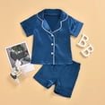thumbnail image 2 of Zanarzt Toddler Boy Silk Pajamas Set Summer Girls Pajamas Set Soft Satin Lightweight Silk Button Down Top with Shorts 2 Piece PJS for Boys Kids Gifts Dark Blue,0-12 Months, 2 of 5