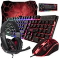 thumbnail image 1 of 4 in 1 Gaming Keyboard, Mouse, Headset, and Mouse Pad Combo, Wired LED RGB Backlights, Bundle for PC Gamers, Xbox and PS4 Users. (Black), 1 of 8