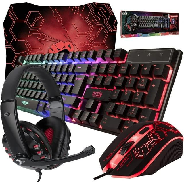 4 in 1 Gaming Keyboard, Mouse, Headset, and Mouse Pad Combo, Wired LED RGB Backlights, Bundle for PC Gamers, Xbox and PS4 Users. (Black)