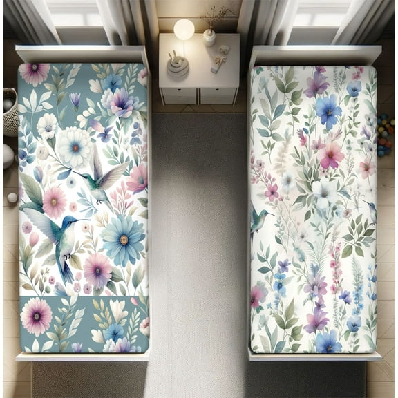 Ambesonne Birds and Nature Fitted Sheet Set 2 Pack All-Round Elastic, Farmhouse Colibris, California King, Cadet Blue Lilac Green