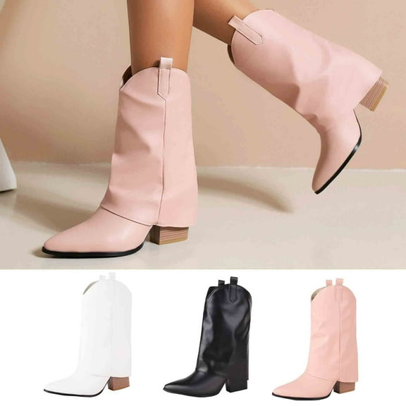TKYCMSUAKI Women's Over-The-Knee Boots,Cowboy Boots for Women - Cowgirl Western Mid Calf Boots, Pointed Toe Retro Chunky Heel Slip On Fashion Classic Short Boots Pull On for Ladies Summer Fall