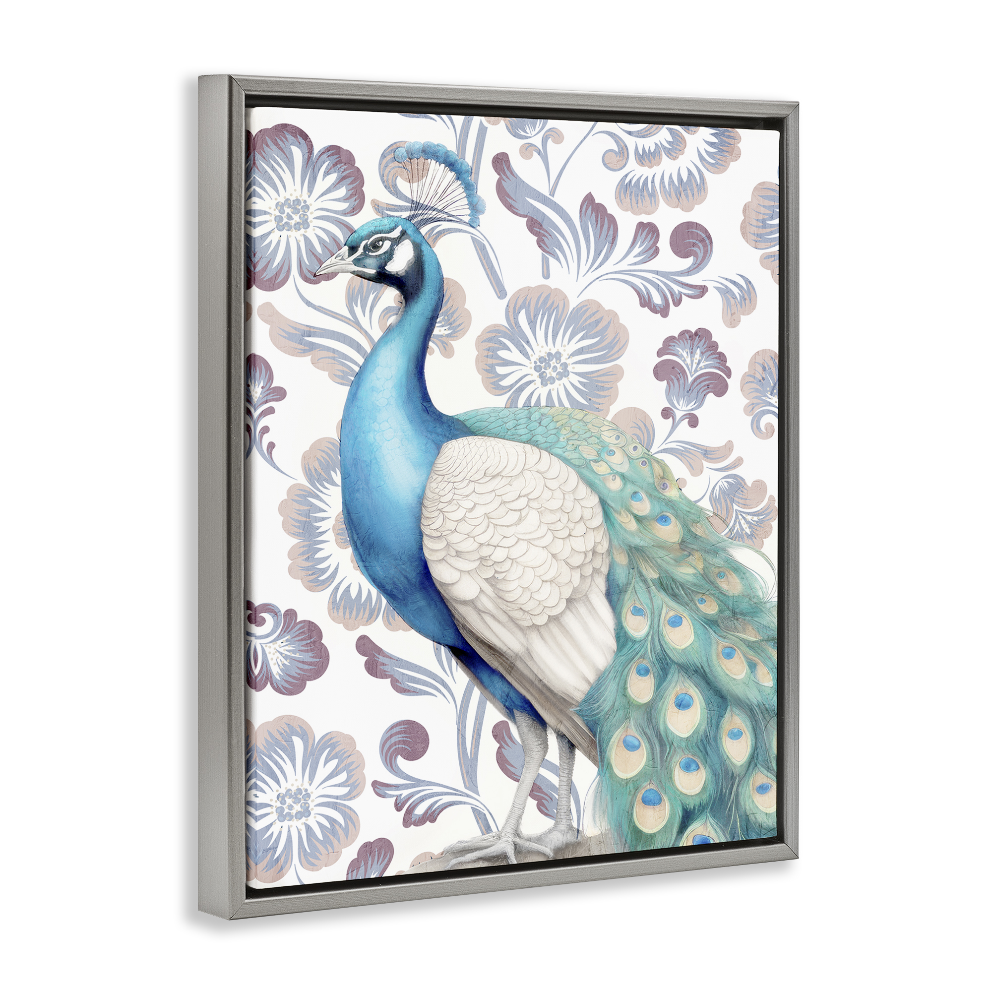 Stupell Industries Peacock on Floral Pattern Animals Painting Gray Floater Framed Canvas Art Print Wall Art, 17 x 21