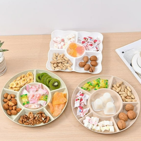 Dianli Snack Trays Wheat Straw Candy and Nut Tray Round and Square Compartments Solid Color Dried Fruit Tray Party Refreshment Organizer for Home Serving Gift